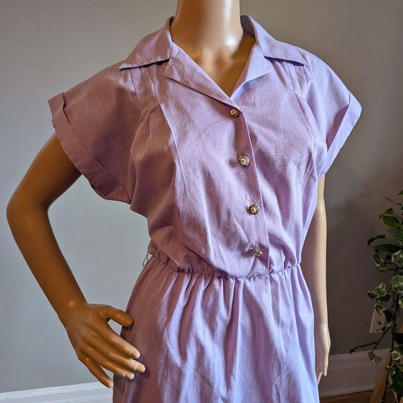 Vintage 80s TropiCool Lavender Purple Shirt Dress Cotton Midi Size 12 - Picture 4 of 15